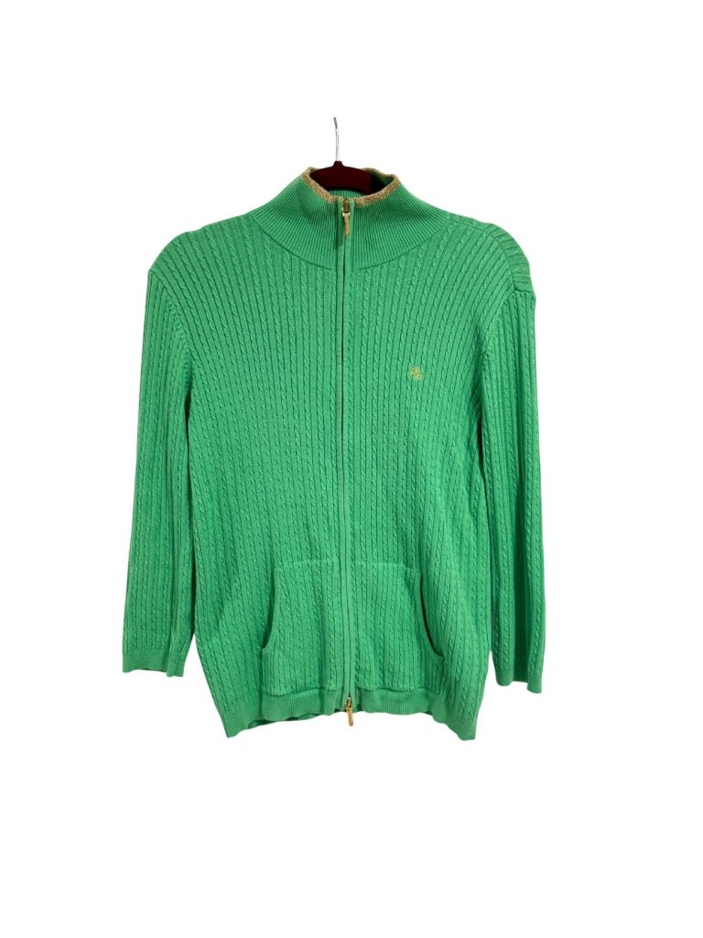 Lauren Ralph Lauren Green Cable Knit Zip-Up Cardigan Size M